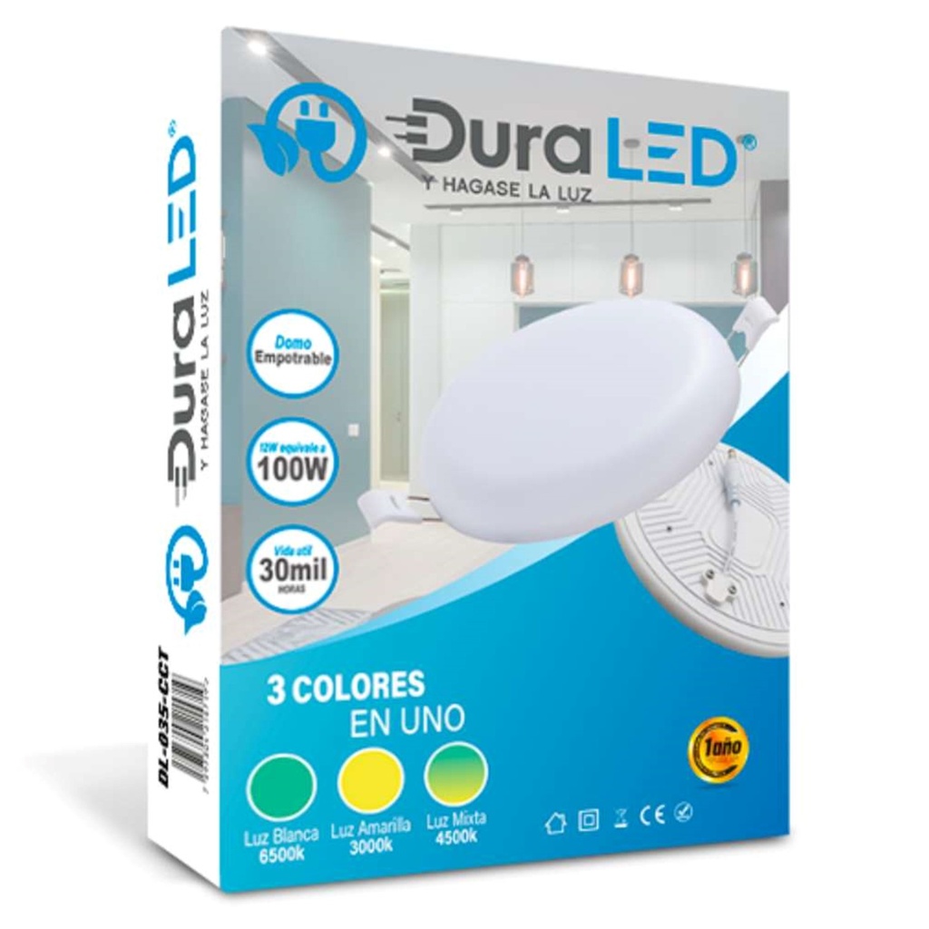 (DL-035-CCT) DuraLED - Lampara Panel LED 12W CCT 3en1 3000K-4500K-6500K Redonda Empotrar Infinity (Sin borde)
