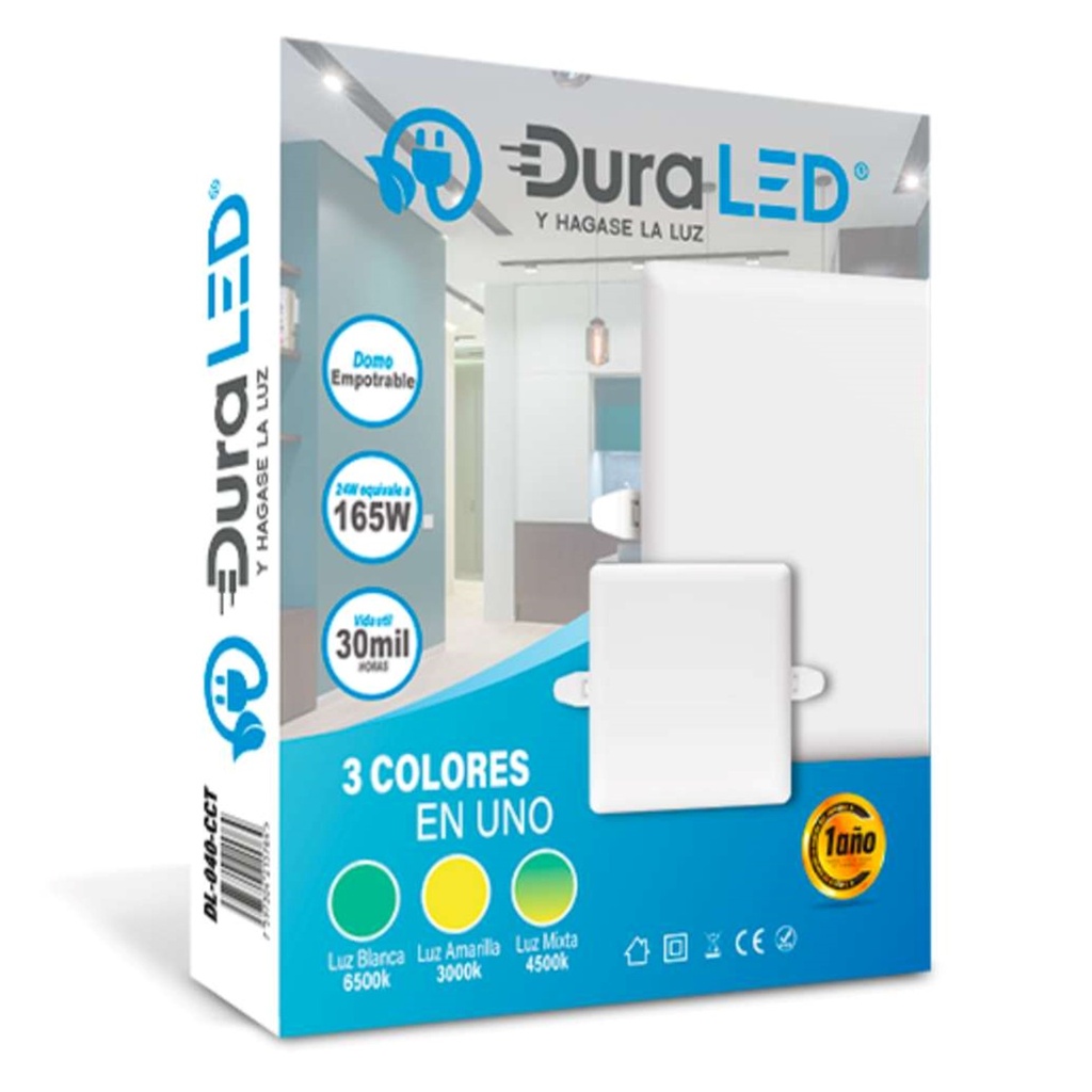 (DL-040-CCT) DuraLED - Lampara Panel LED 24W CCT 3en1 3000K-4500K-6500K Cuadrada Empotrar Infinity (Sin borde)