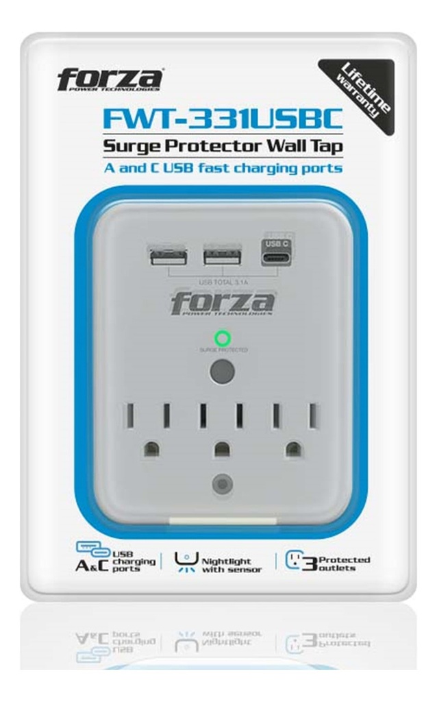 [FWT-331USBC] Forza - Toma Corriente Protector de Voltaje 1875W [3] x NEMA 5-15R + USB 120V
