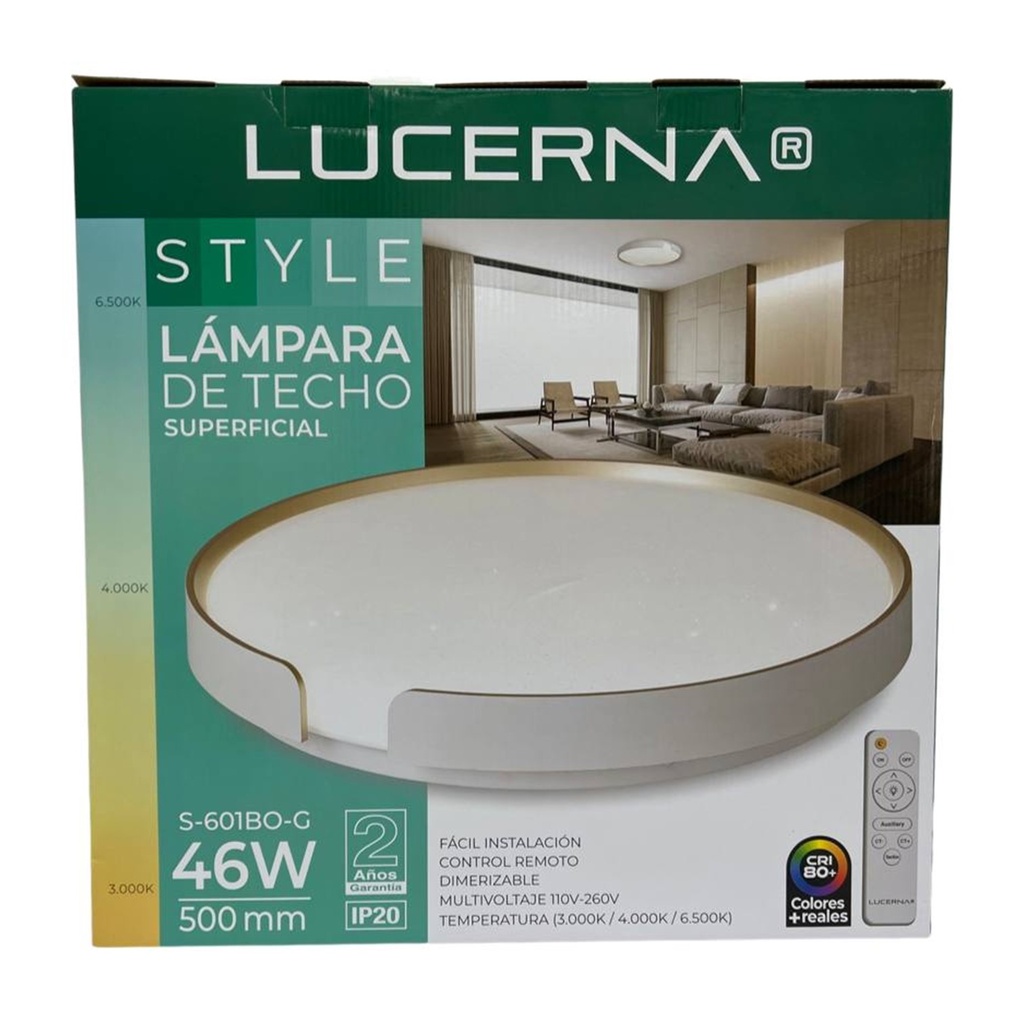 [S-601B0-G] Lucerna - Lampara de Techo Plafon Decorativo 46W [500mmx75mm] C/Control Dimerizable 3K-4K-6K Superficial