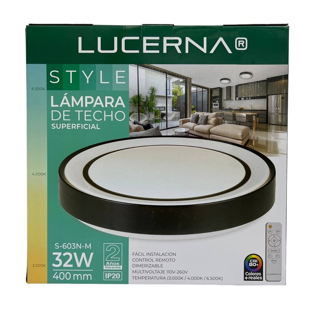 [S-603N-M] Lucerna - Lampara de Techo Plafon Decorativo 32W [400mmx80mm] C/Control Dimerizable 3K-4K-6K Superficial