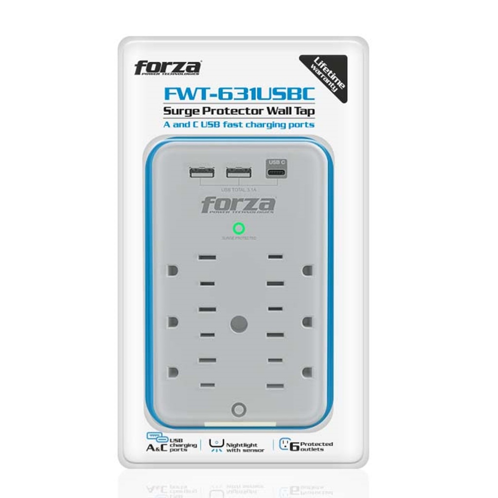 [FWT-631USBC] Forza - Toma Corriente Protector de Voltaje 1875W [6] x NEMA 5-15R + USB 120V