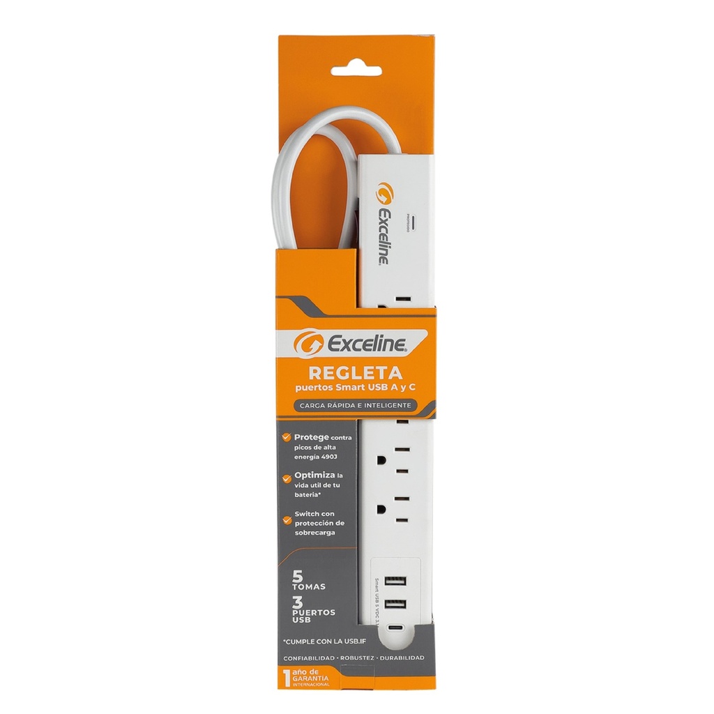 [GMT-5R3U-C] Exceline - Regleta con Puertos USB C y A con Cable