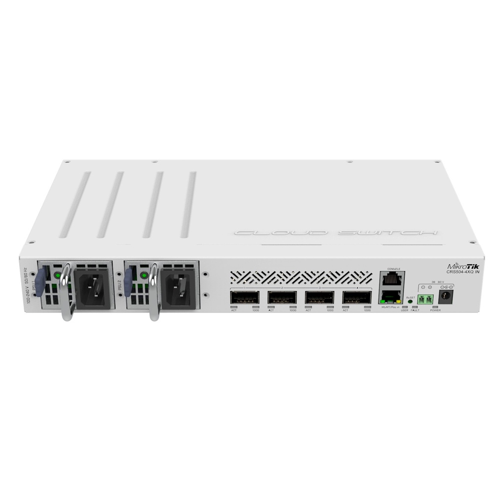 [CRS504-4XQ-IN] Mikrotik - Cloud Router Switch 4 puertos QSFP28 de 100 Gigabit PoE en 802.3 bt (25W sin accesorios) RouterOS (solo v7)