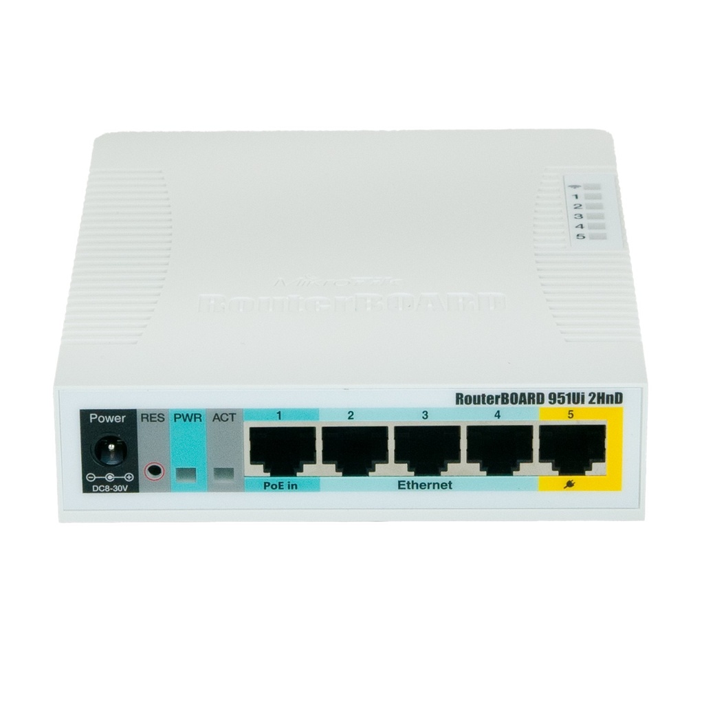 [RB951Ui‐2HnD] Mikrotik - RouterBoard 5 Puertos Fast 1 Puerto USB WiFi 2.4 GHz 802.11 b/g/n Antena 2.5 dbi hasta 1 Watt de Potencia