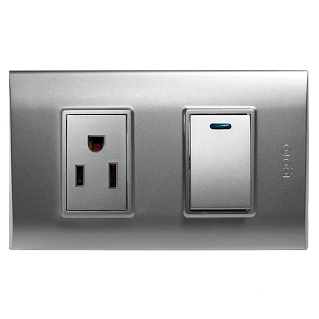 [B316-S] Igoto - Interruptor Simple + Toma Corriente Serie B Plata