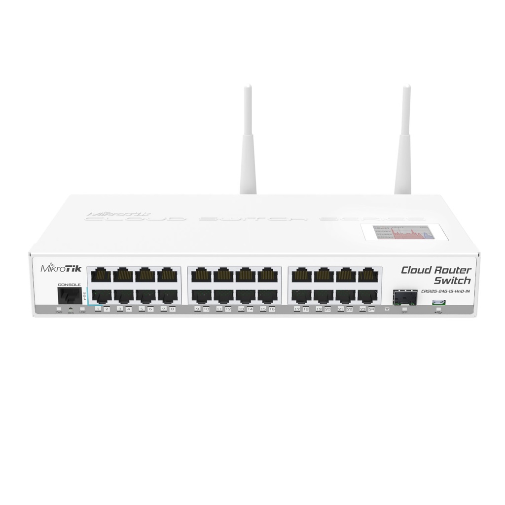 [CRS125-24G-1S-2HnD-IN] Mikrotik - 24x Gigabit Ethernet layer 3 Smart Switch, 1x SFP cage, LCD, 802.11b/g/n