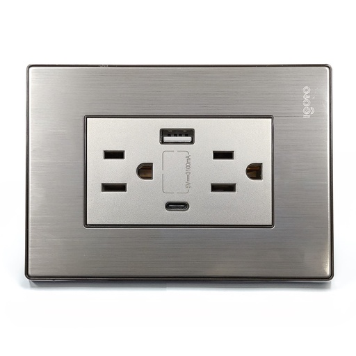 [070721] [I105/2U-C] Igoto - Toma Corriente con Tierra + USB y Tipo C Serie Inox