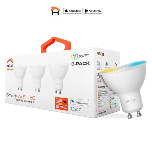 [050666] [NHB-W3103PK] Nexxt Home - Bombillo LED 4W Blanco Regulable [2700 a 6500K] Inteligente 110V GU10 WiFi [3-PACK]