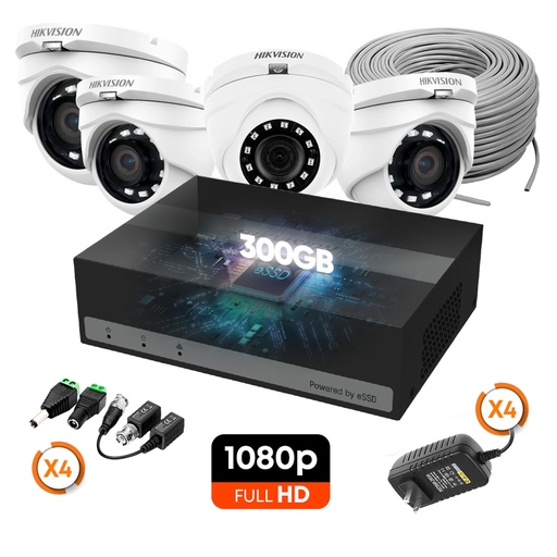 [010811] [KITCAM03] Hikvision - Kit Cámaras de Seguridad 4CH 4 Domo Metal HD 1080P [2MP] 300Gb con Accesorios