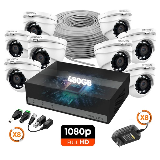 [010812] [KITCAM04] Hikvision - Kit Cámaras de Seguridad 8CH 8 Domo Metal HD 1080P [2MP] 480Gb con Accesorios