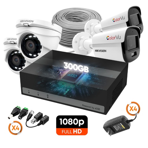 [010819] [KITCAM08] Hikvision - Kit Cámaras de Seguridad 4CH ColorVU 2 Bullet 2 Domo Metal HD 1080P [2MP] 300Gb con Accesorios