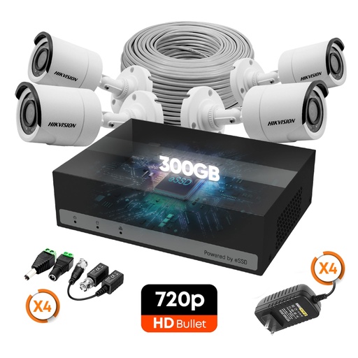 [010821] [KITCAM10] Hikvision - Kit Cámaras de Seguridad 4CH  4 Bullet Metalico HD 720P [1MP] 300Gb con Accesorios