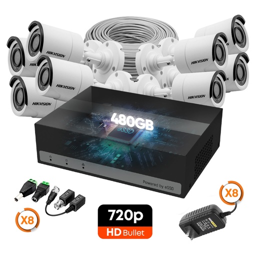 [010822] [KITCAM11] Hikvision - Kit Cámaras de Seguridad 8CH  8 Bullet Metalico HD 720P [1MP] 480Gb con Accesorios