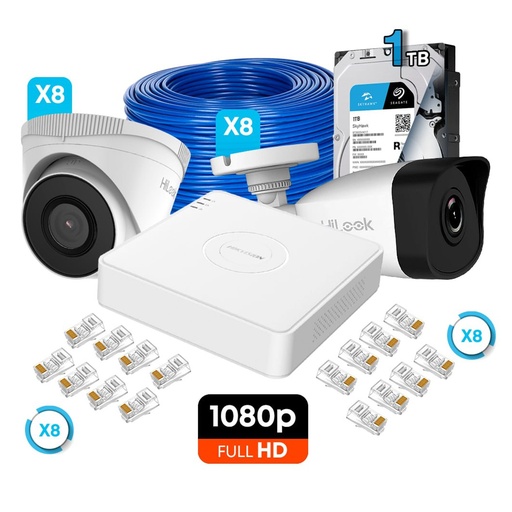 [010828] [KITCAM13] Hikvision - Kit Cámaras de Seguridad 8CH IP POE 4 Domo Plastico 4 Bullet Plastico HD 1080P [2MP] 1Tb con Accesorios