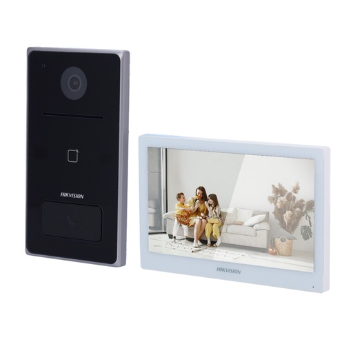 [090287] [DS-KIS608-P] Hikvision - Kit de Videoportero IP Frente de Calle para Exterior [2MP] Lector de Tarjeta MiFARE Monitor Interior WiFi Pantalla de 7" Touch